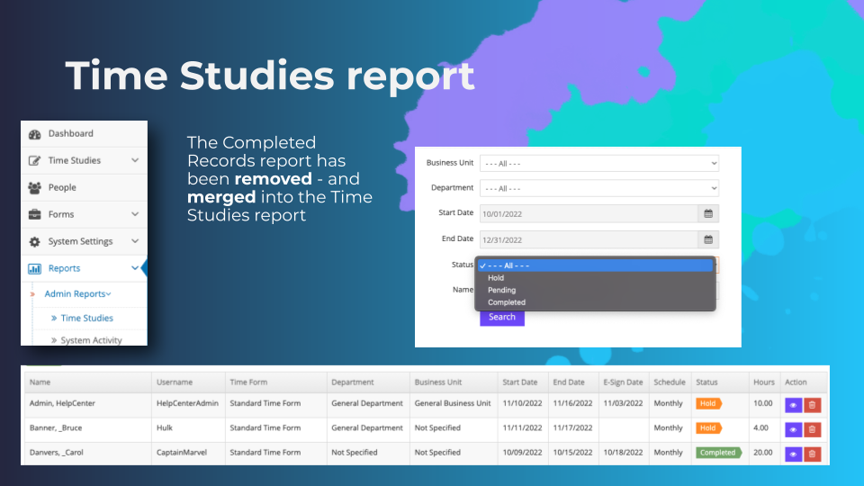 Time Studies report interface and data table