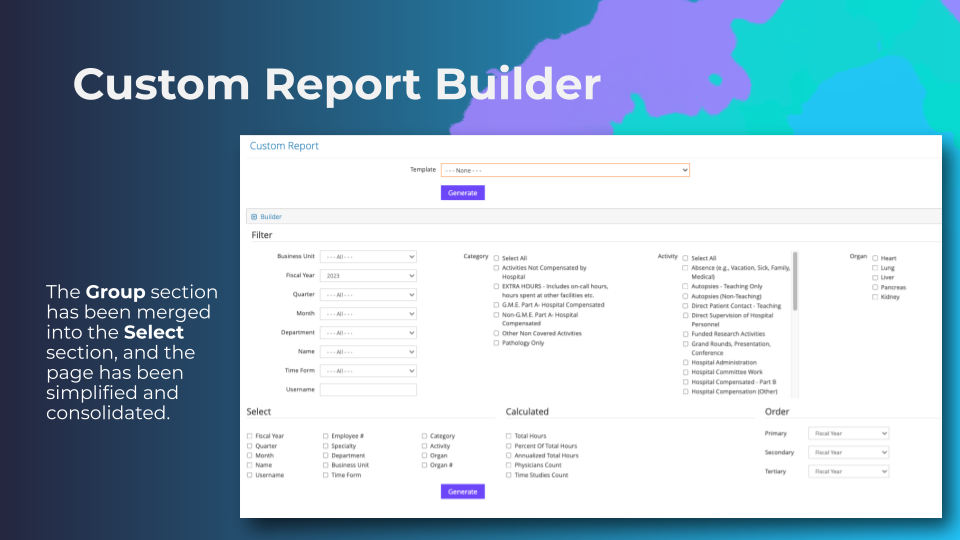Custom Report Builder interface screenshot