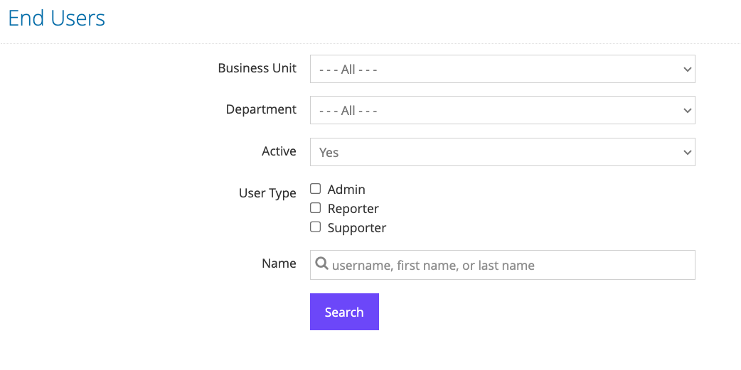 End Users report search filter form interface