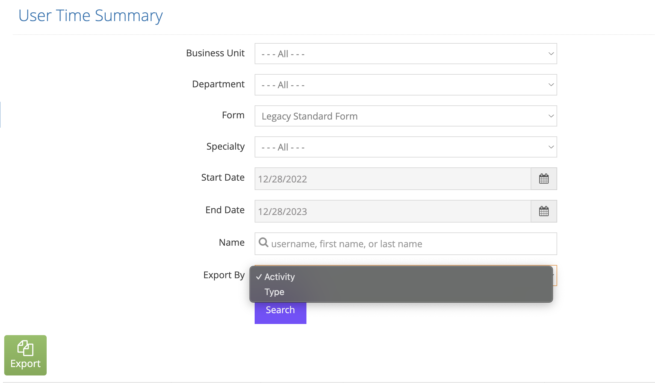 User Time Summary form with export options.