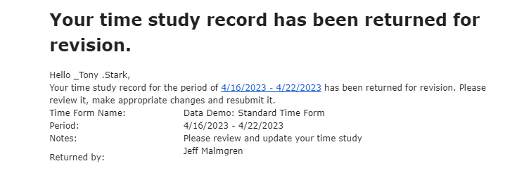 Email notification for reopened time study