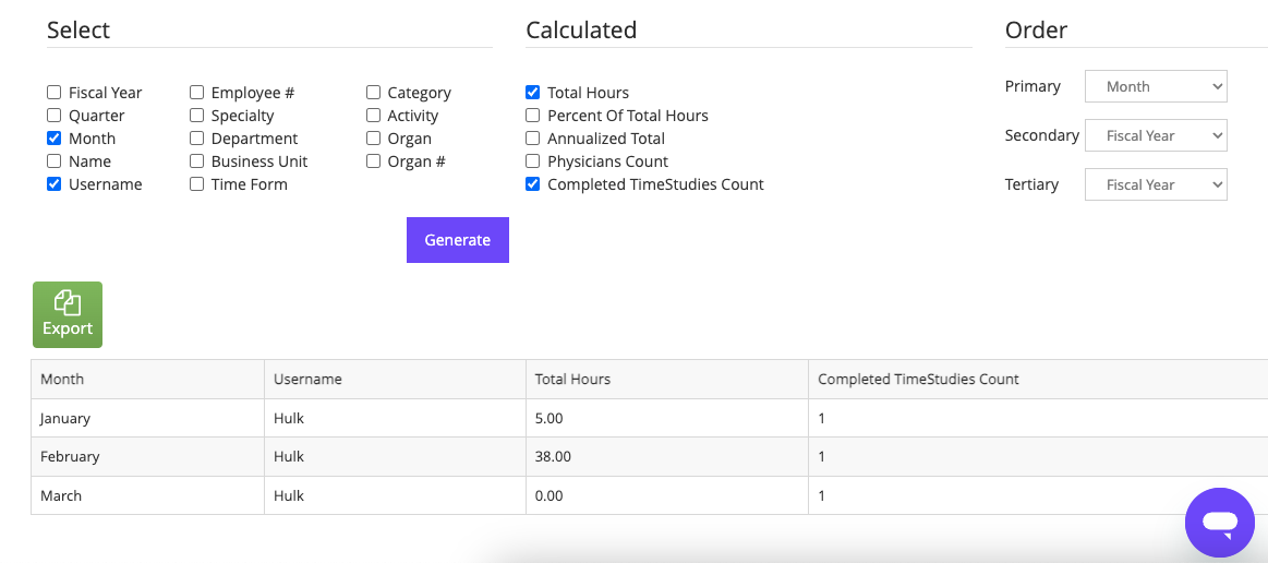 Data selection and export interface