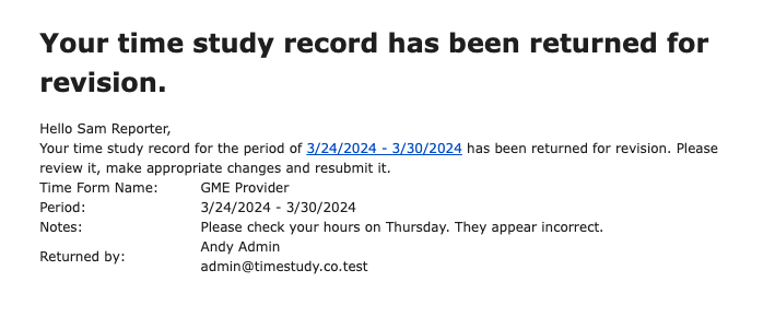 Email: record returned for revision