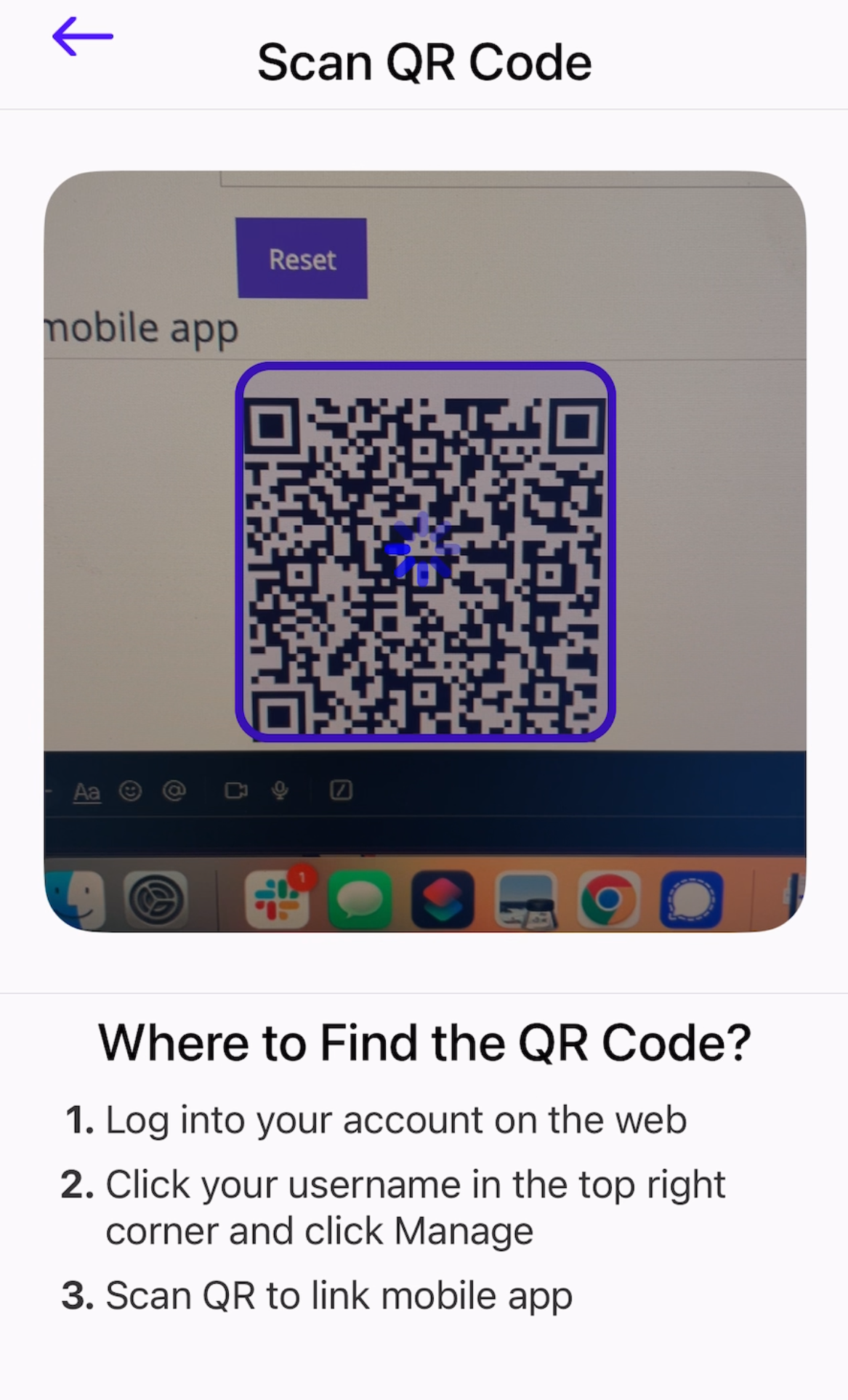 Scanning QR code for mobile account setup
