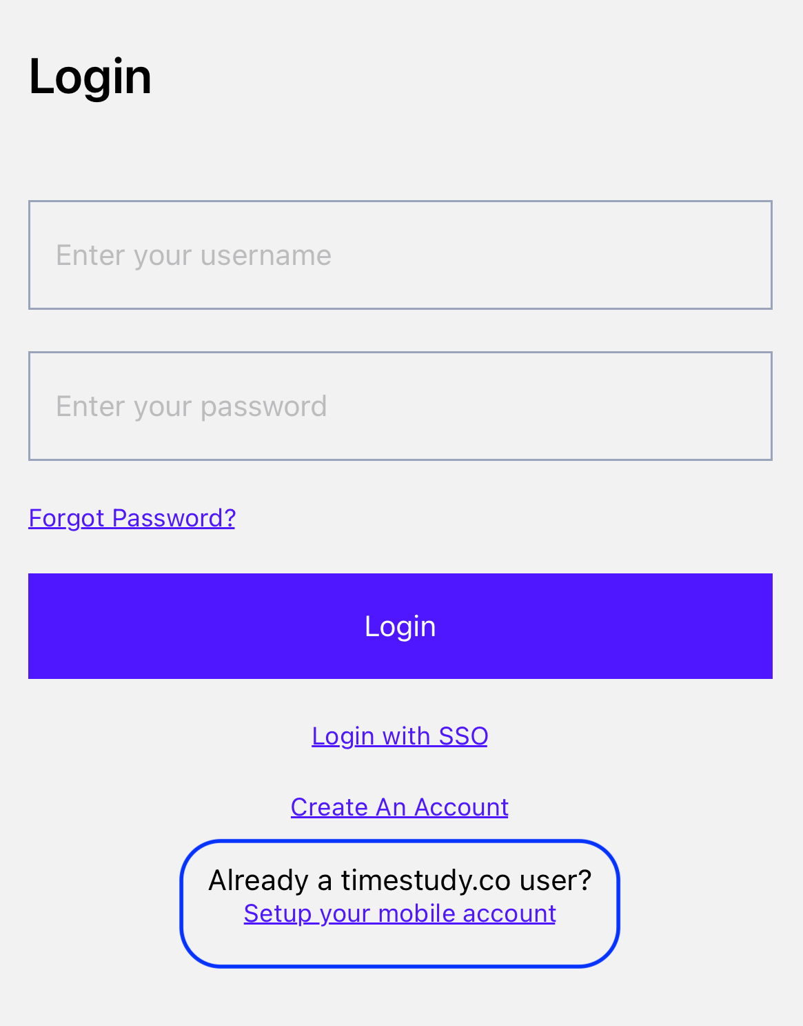 Mobile login setup screen