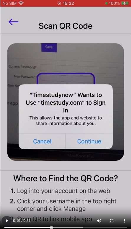 Connect via timestudy.com prompt