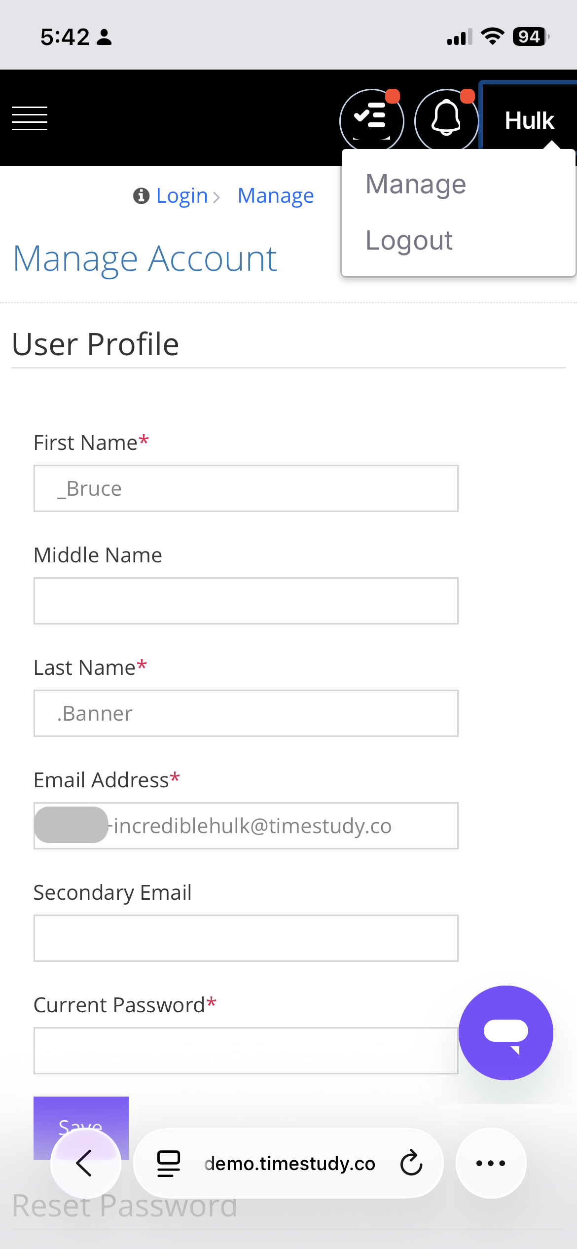 Username menu on mobile