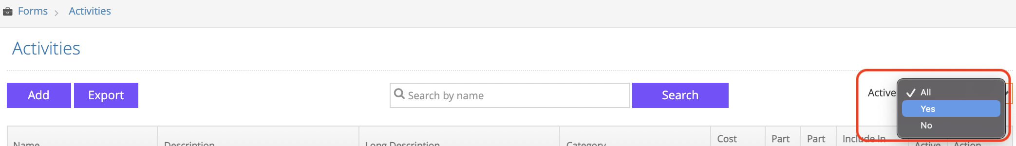 Activities page with active filter dropdown.