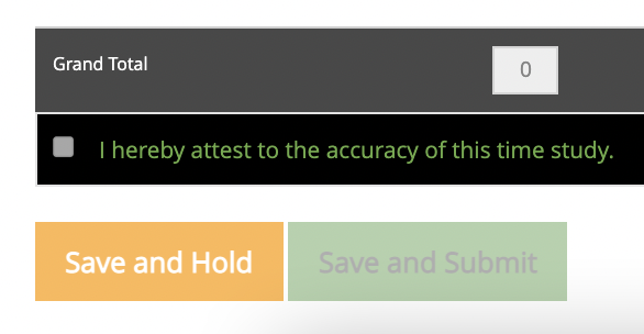 Checkbox and buttons for time study attestation.