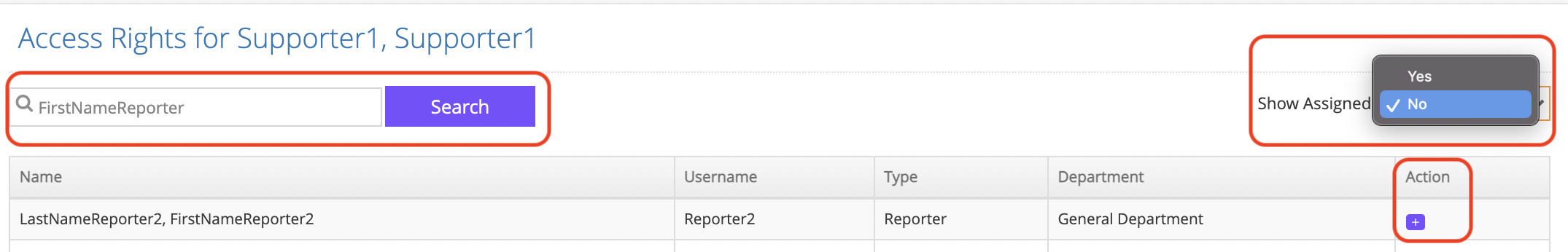 Access rights search interface screenshot.