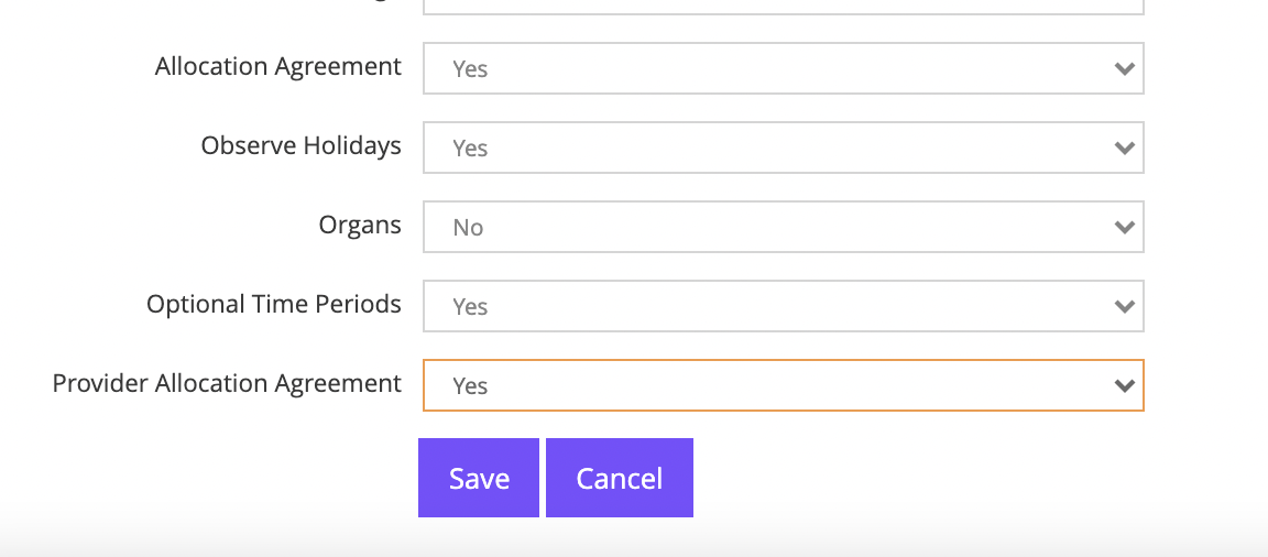 Form with dropdowns and Save/Cancel buttons.