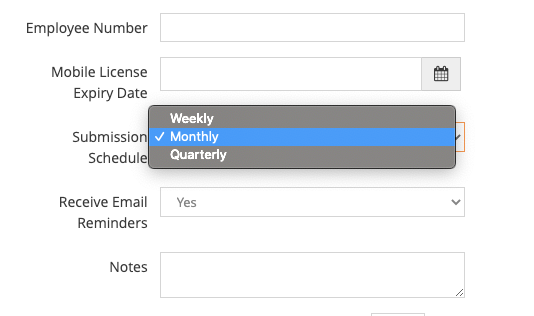 Form with dropdown menu for submission schedule.