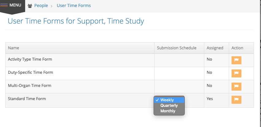 User Time Forms table with dropdown menu