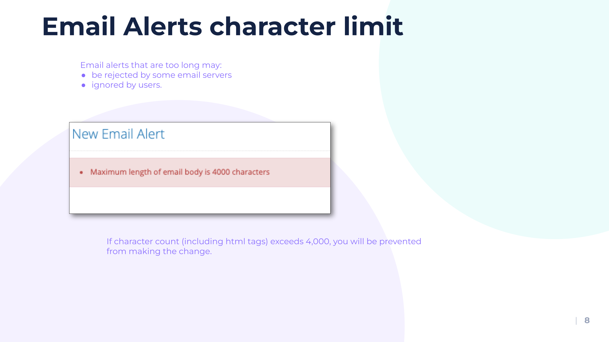 Email alert character limit warning