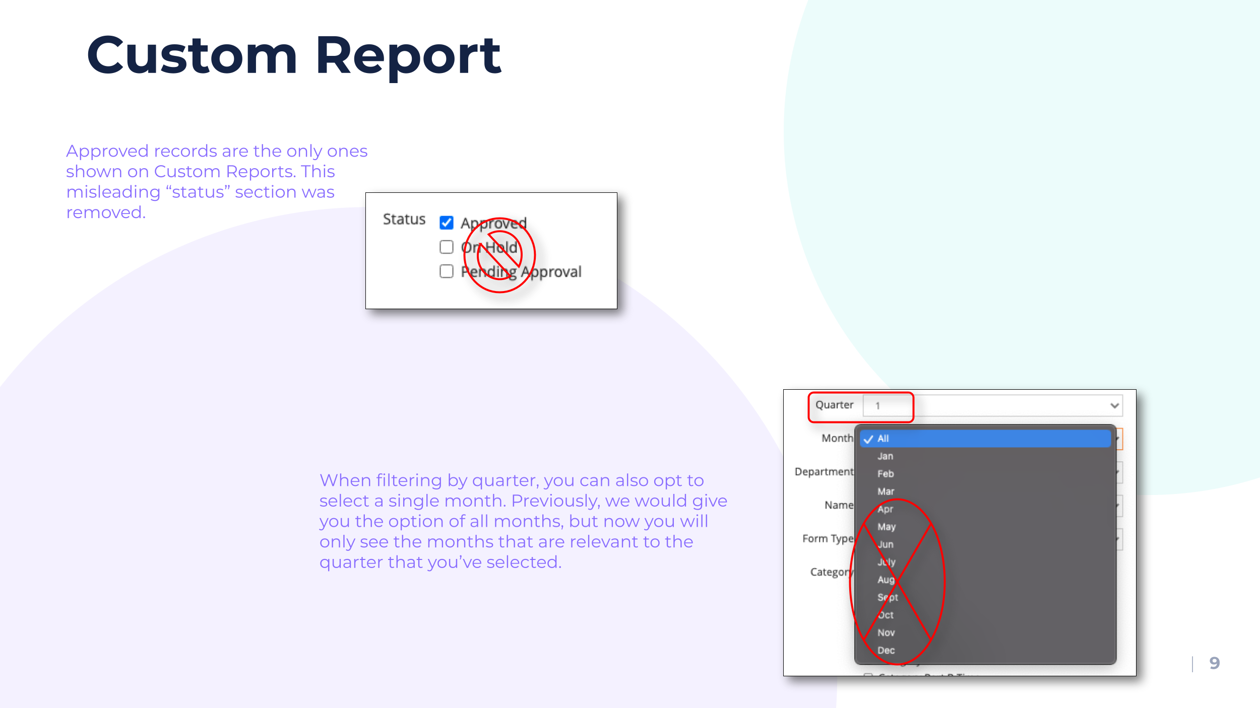 Custom report status and quarter filter options.