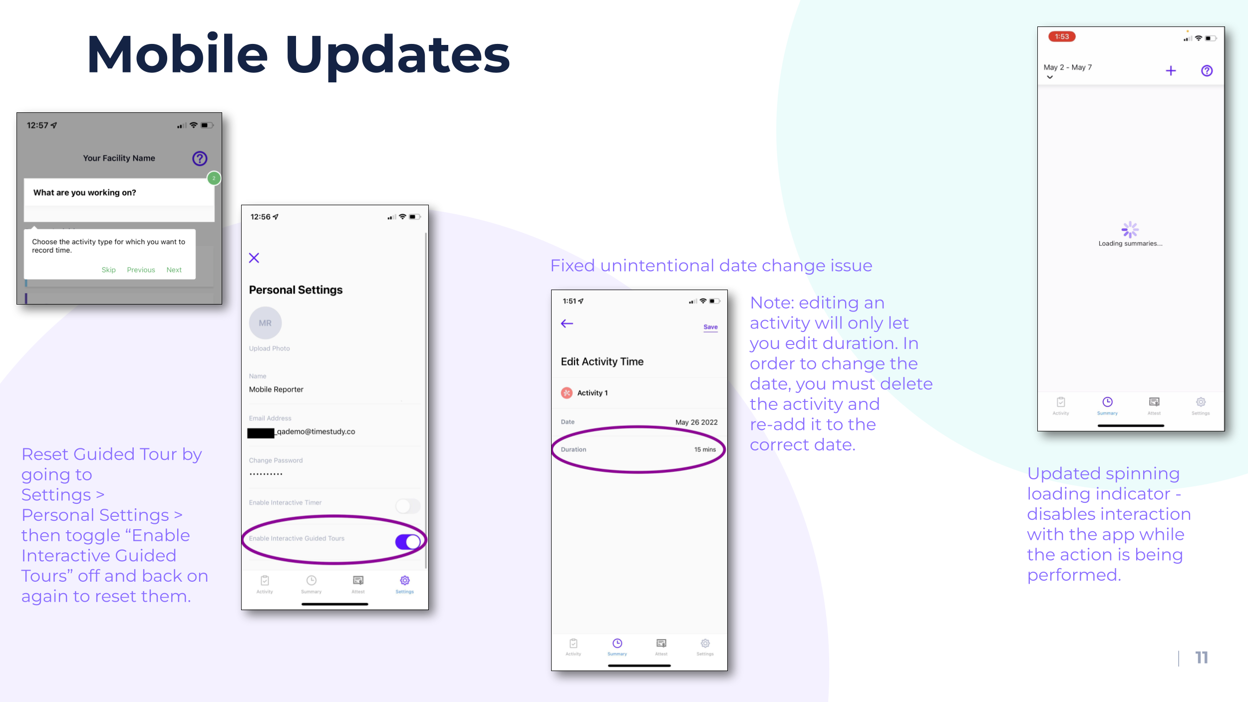 Mobile app updates and settings screens