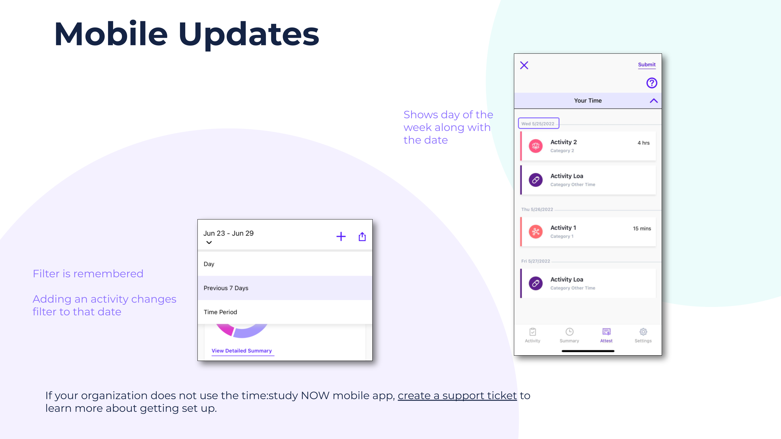 Mobile app updates with activity tracking.